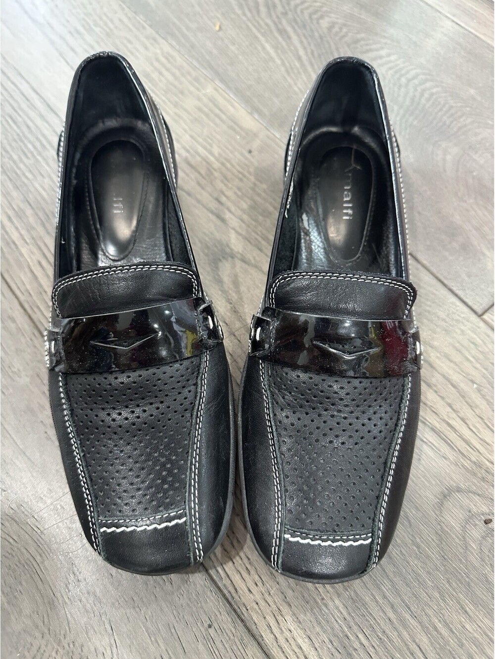 Amalfi Tyrena Black Perforated Leather Loafers Made In Italy Women’s Size 6.5